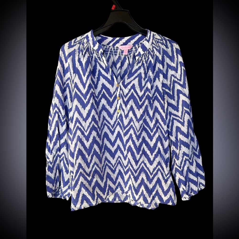Lilly Pulitzer Elsa Chevron Print Silk Long Sleeve Blouse Size S